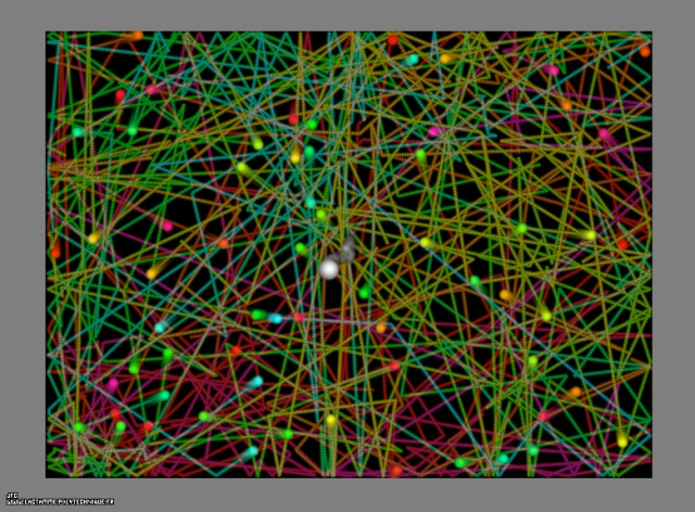 Billard bidimensionnel rectangulaire avec 64 particules aleatoires en collision et visualisation de leur centre de gravite -particule blanche-, Colonna Jean-François