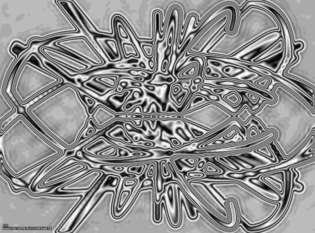 Vue artistique des trajectoires de 12 particules de vitesse initiale nulle, dans un billard tridimensionnel avec champ de gravitation central attractif, Colonna Jean-François